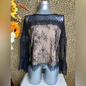 🦋B2G1🦋HONEY & T Black Lace Overlay Blouse | LARGE |